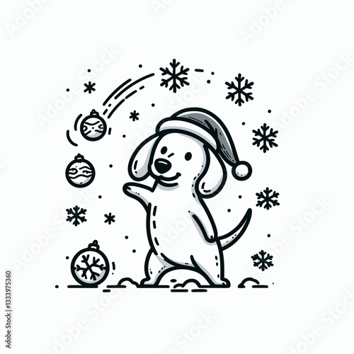 Dachshund dog wearing a Santa hat throws snowballs a festive winter vector silhouette for a playful holiday mascot
