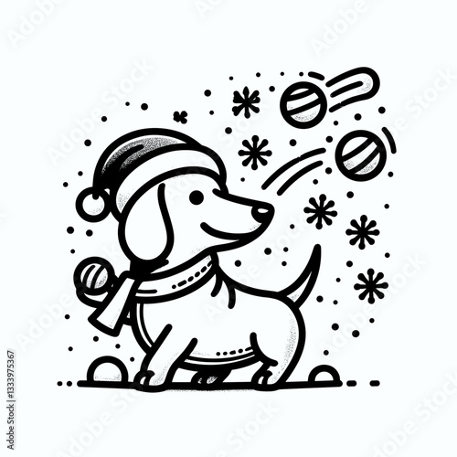 Dachshund Dog wearing a Santa hat throws snowballs a festive vector silhouette for a holiday mascot.
