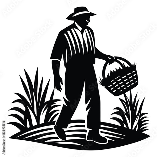 Silhouette of man gardening gardener isolated on white background, Farmer vector image silhouette, Gardener Black Vector silhouette