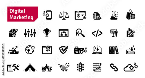 Digital Marketing and SEO Icons Set. Social Media, Communication, Technology, Advertising, Ecommerce, Cyberspace, Target Audience, Website Icons Editable Stroke Vector Illustration
