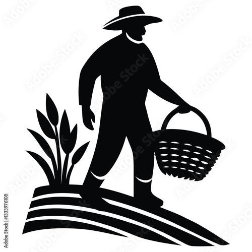 Silhouette of man gardening gardener isolated on white background, Farmer vector image silhouette, Gardener Black Vector silhouette