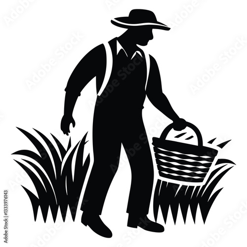 Silhouette of man gardening gardener isolated on white background, Farmer vector image silhouette, Gardener Black Vector silhouette
