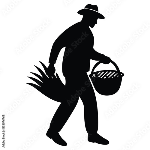 Silhouette of man gardening gardener isolated on white background, Farmer vector image silhouette, Gardener Black Vector silhouette