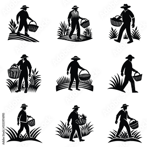 Silhouette of man gardening gardener isolated on white background, Farmer vector image silhouette, Gardener Black Vector silhouette