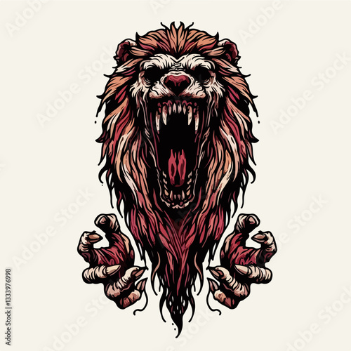 Roaring Lion Illustration: A fierce lion illustration with menacing growl and open jaws, baring its teeth, claws out and ready to attack 