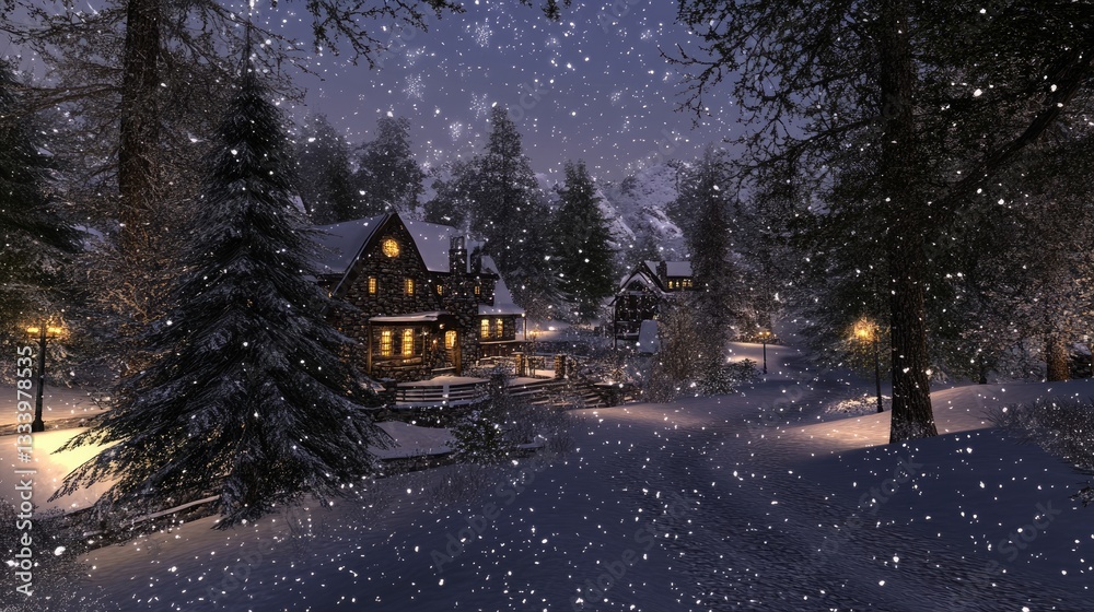 Fototapeta premium Winter Wonderland: A Snowy Night in a Cozy Village