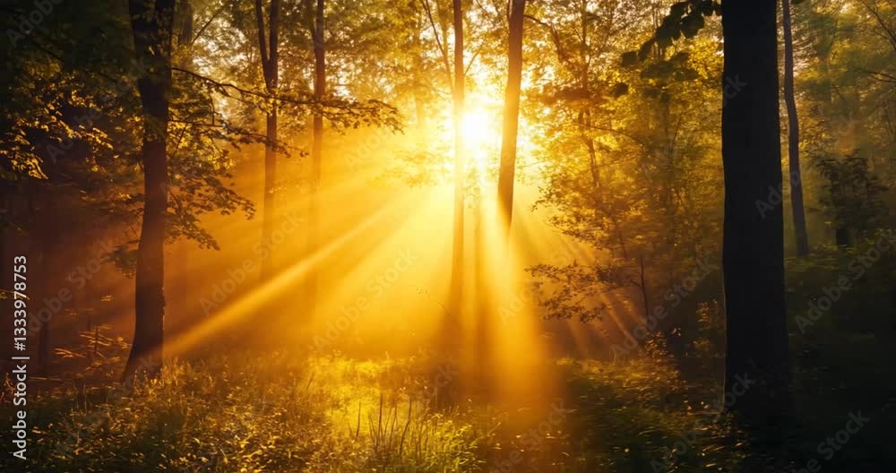 Golden Sunrise Rays in Misty Forest Golden Sunrise Rays in Misty Forest