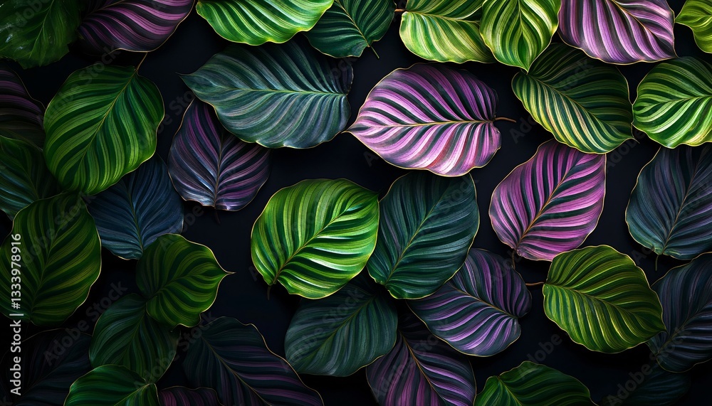 Fototapeta premium Close-up of Calathea Leaf Patterns Against Deep Black Backdrop - Macro Plant Background