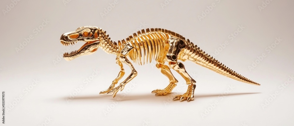 Golden t-rex skeleton display art exhibit sculpture modern gallery close-up view intriguing design Golden t-rex skeleton display art exhibit sculpture modern gallery close-up view intriguing design