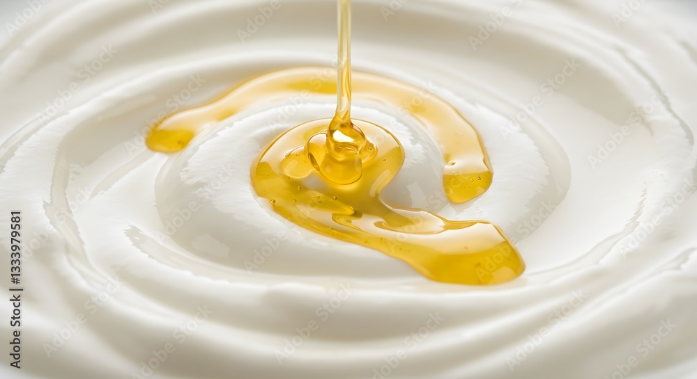 Sweet honey drizzling on creamy white yogurt swirls delicious dessert texture food rich dairy snack Sweet honey drizzling on creamy white yogurt swirls delicious dessert texture food rich dairy snack