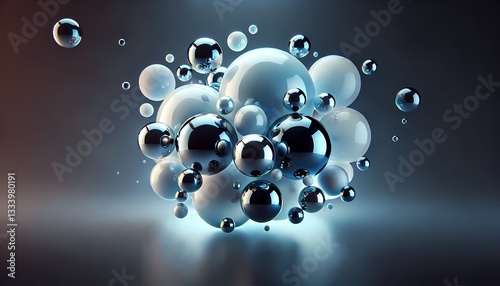Floating luminous spheres with reflective surfaces on a smooth dark blue gradient, creating a futuristic and abstract background wallpaper