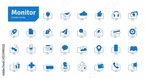 Monitor Blue Line Icons Set. Email, Finance, Marketing, StartUp, Music, Health, Games, Fingerprint, Document Icons Editable Stroke Vector Illustration
