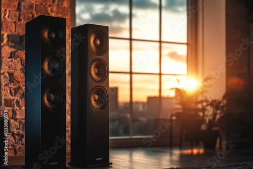 Black floor standing speakers in modern living room with large windows. Premium home audio system with powerful bass. Hi-fi stereo setup