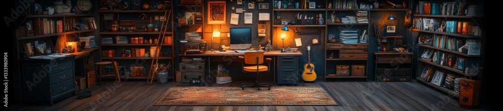A cozy and maximalist home office full of antique furniture and decorative items. Generative AI A cozy and maximalist home office full of antique furniture and decorative items. Generative AI
