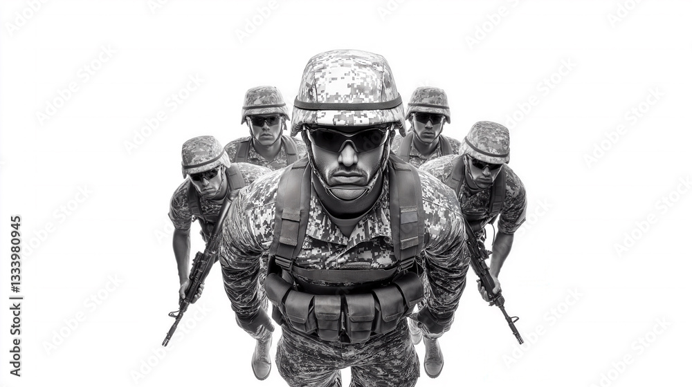 Fototapeta premium A determined squad of soldiers in digital camouflage uniforms and tactical gear marches forward in formation on white background