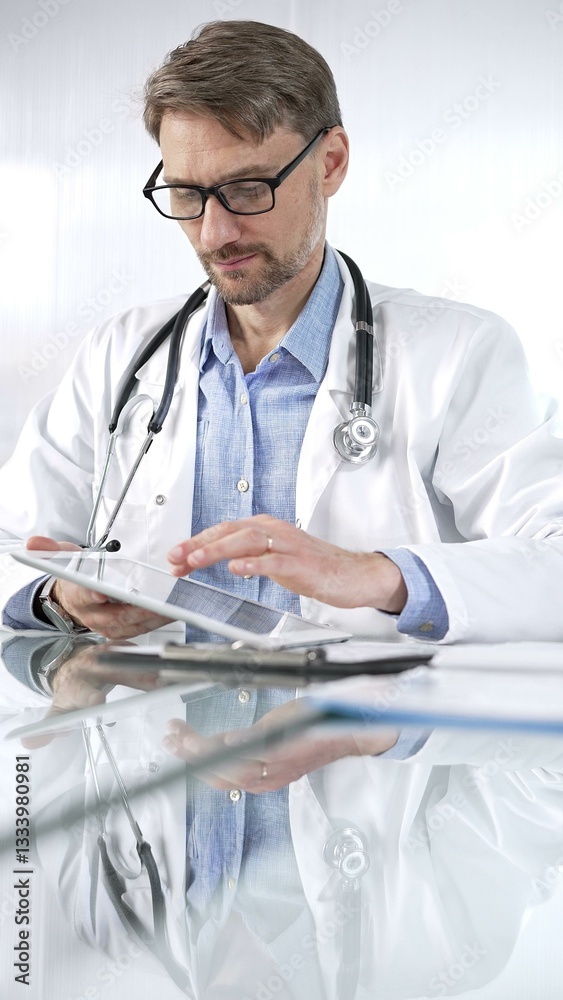 Doctor man in blue shirt under a white coat, glasses and stethoscope is using digital tablet in modern healthcare setting, interacting with patient data, vertical portrait view. Medicine and science