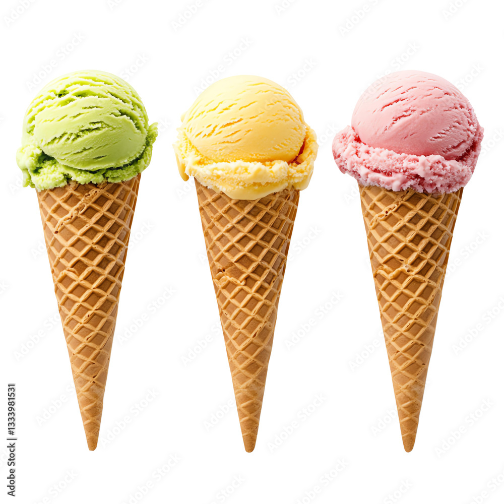 Isolated transparent png Three colorful ice cream cones, showcasing vibrant flavors and textures. Isolated transparent png Three colorful ice cream cones, showcasing vibrant flavors and textures.