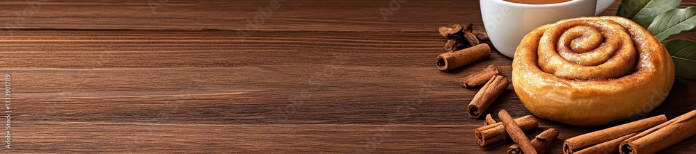 Fototapeta premium Delicious Cinnamon Bun with Hot Drink on a Rustic Wooden Table. Generative AI
