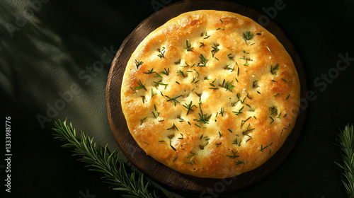 Artisan focaccia bread with rosemary on wooden board