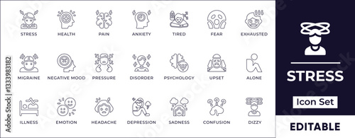 Minimalistic line icon set representing stress, anxiety, burnout, mental overload, meditation, work pressure, emotional health, and psychological well-being.