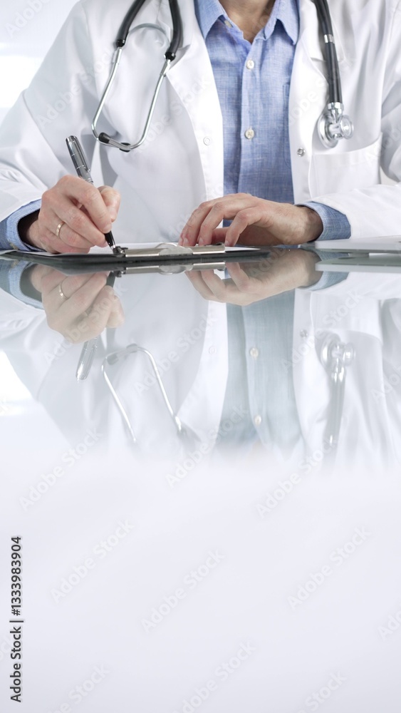 Unrecognizable doctor man in a blue shirt under a medical coat, is using a clipboard and taking notes on glass desk in a medical office, close-up vertical view. Medicine and health care