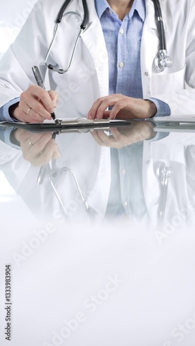 Unrecognizable doctor man in a blue shirt under a medical coat, is using a clipboard and taking notes on glass desk in a medical office, close-up vertical view. Medicine and health care