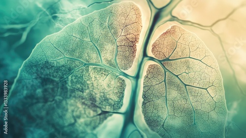 Abstract representation of lungs resembling a leaf structure with intricate details against a soft gradient background