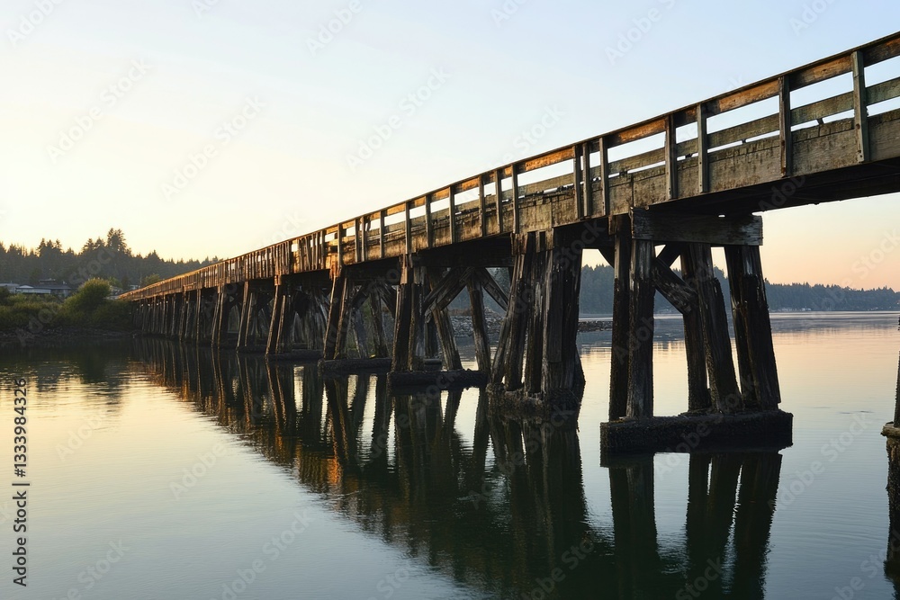 Old wooden bridge stretches over calm water at sunset, reflecting its aged structure in the tranquil waters. Old wooden bridge stretches over calm water at sunset, reflecting its aged structure in the tranquil waters.