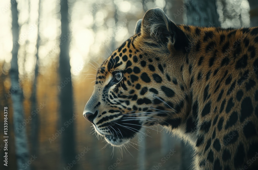 Obraz premium Majestic Leopard Staring Intently into the Distance Surrounded by Forest with Soft Evening Light Highlighting Its Beautiful Fur Patterns