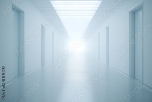 Wallpaper Mural Bright white hospital hallway perspective, clean empty corridor with doors and ceiling lights Torontodigital.ca