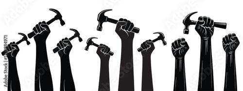 Hand holding hammer set black silhouette vector art with Labour day