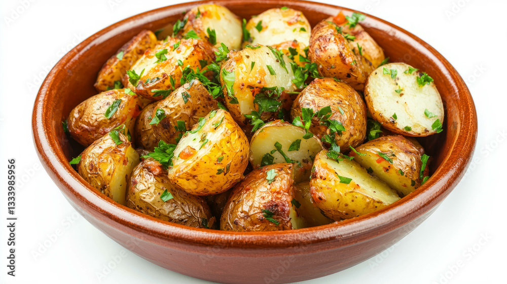 Delicious herb roasted potatoes in small ceramic bowl Delicious herb roasted potatoes in small ceramic bowl