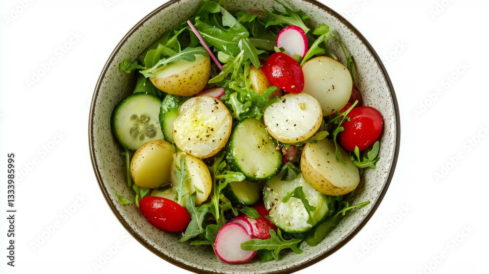 Fresh garden salad in ceramic bowl with potatoes, radishes, and tomato Fresh garden salad in ceramic bowl with potatoes, radishes, and tomato