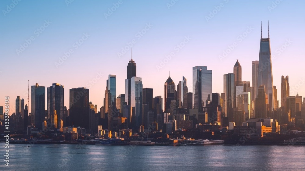 The image captures a panoramic city skyline during golden hour, featuring skyscrapers, high-rise buildings, and iconic towers. The urban ambiance is majestic, reflecting the vibrant energy of a bustli The image captures a panoramic city skyline during golden hour, featuring skyscrapers, high-rise buildings, and iconic towers. The urban ambiance is majestic, reflecting the vibrant energy of a bustli
