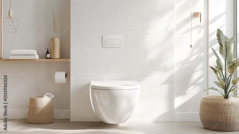 Fototapeta premium Modern minimalist white bathroom interior with hanging sunlight and toilet shining through window