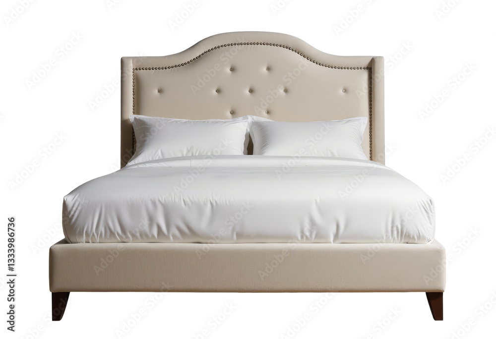 Upholstered Bed Frame with White Bedding, transparent background Upholstered Bed Frame with White Bedding, transparent background