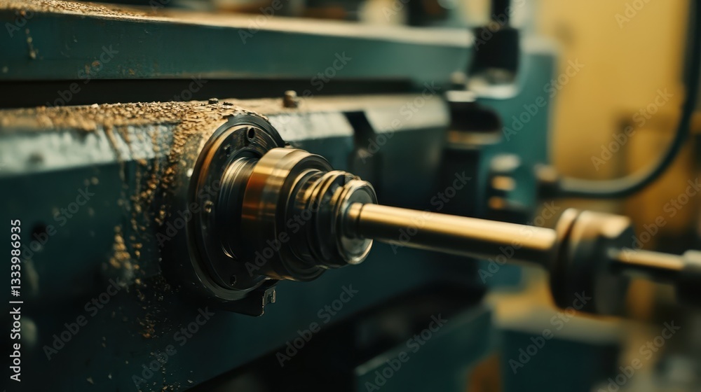 Naklejka premium A close up view of a metal lathe machine in operation