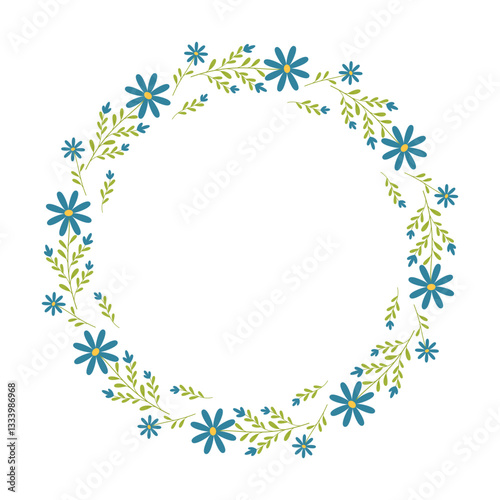 Beautiful round frame with wildflowers. Simple flat style. Bright illustration for card, invitation card for wedding, birthday and other holiday and cute spring background.Vector illustration.