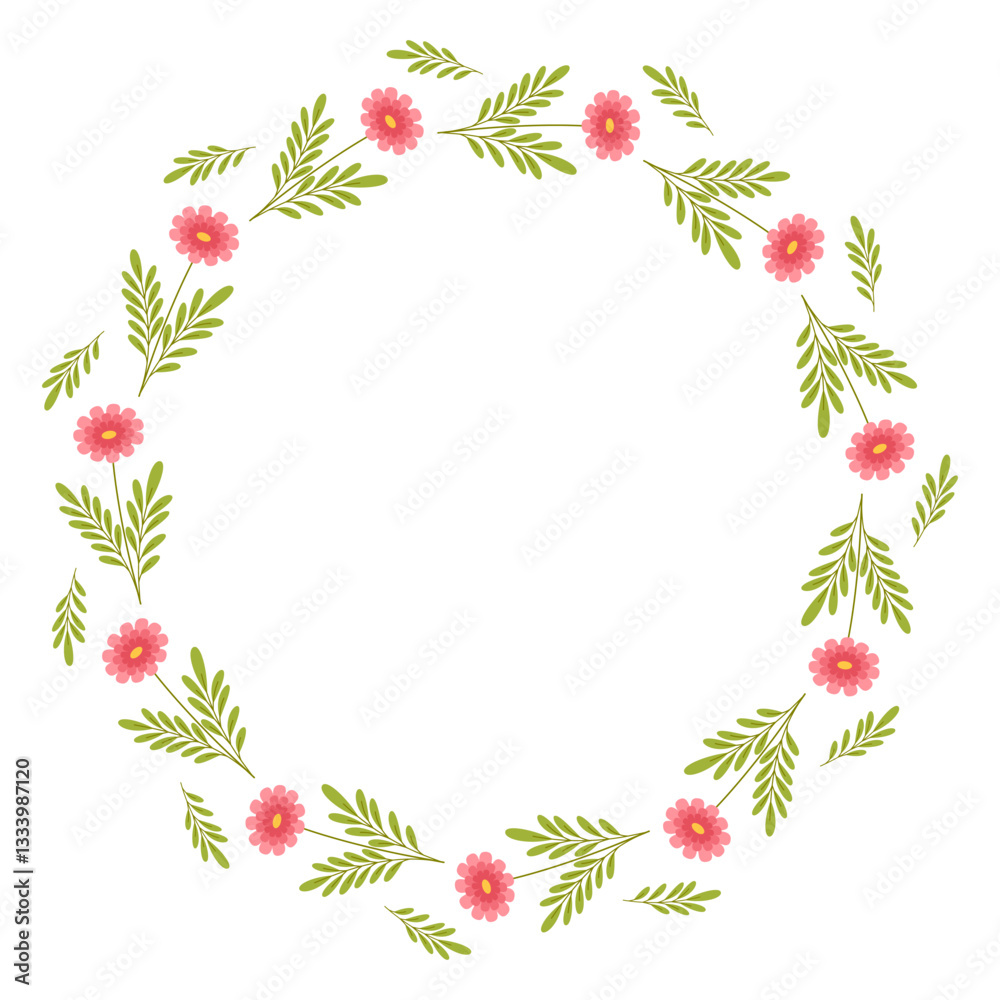 Beautiful round frame with wildflowers. Simple flat style. Bright illustration for card, invitation card for wedding, birthday and other holiday and cute spring background.Vector illustration. Beautiful round frame with wildflowers. Simple flat style. Bright illustration for card, invitation card for wedding, birthday and other holiday and cute spring background.Vector illustration.