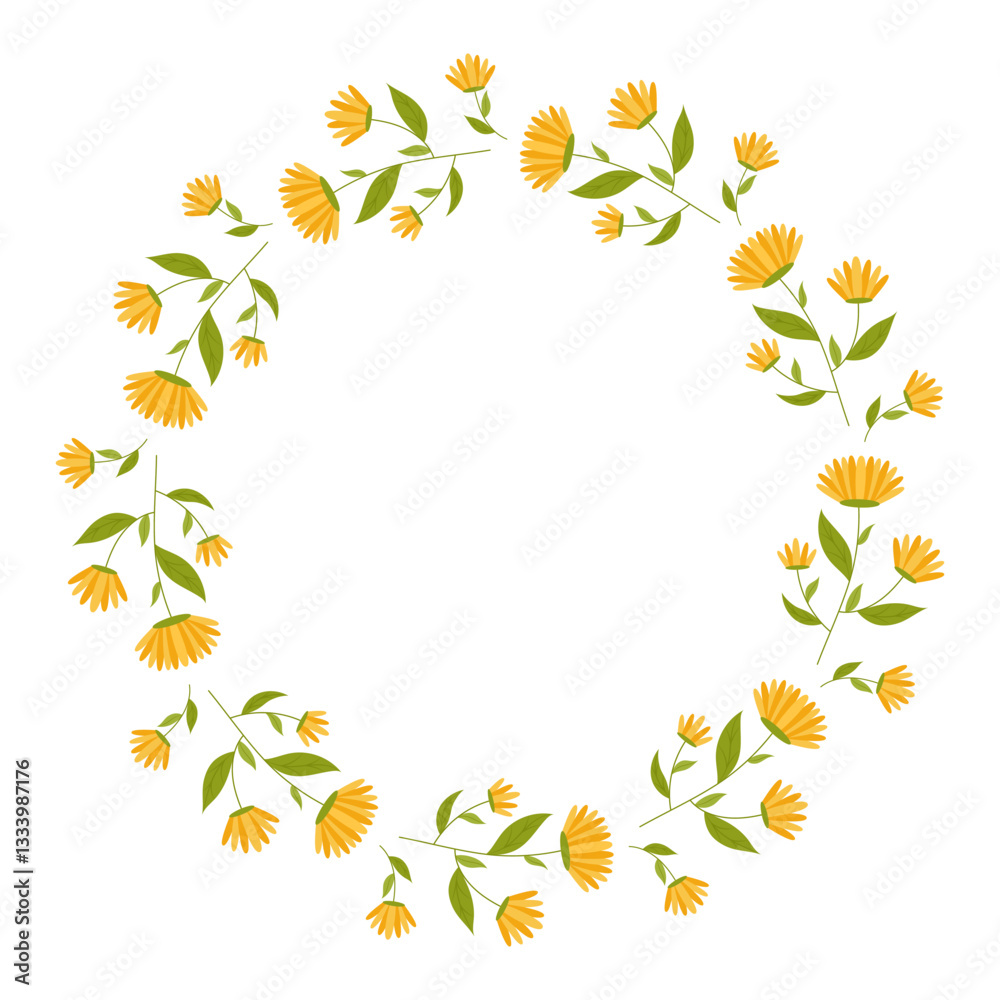 Beautiful round frame with wildflowers. Simple flat style. Bright illustration for card, invitation card for wedding, birthday and other holiday and cute spring background.Vector illustration. Beautiful round frame with wildflowers. Simple flat style. Bright illustration for card, invitation card for wedding, birthday and other holiday and cute spring background.Vector illustration.