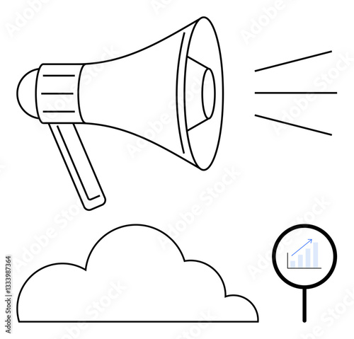 Megaphone emitting sound waves, cloud icon, and magnifier highlighting a growth chart. Ideal for marketing, promotion, advertising, communication, strategy business growth digital planning. Flat