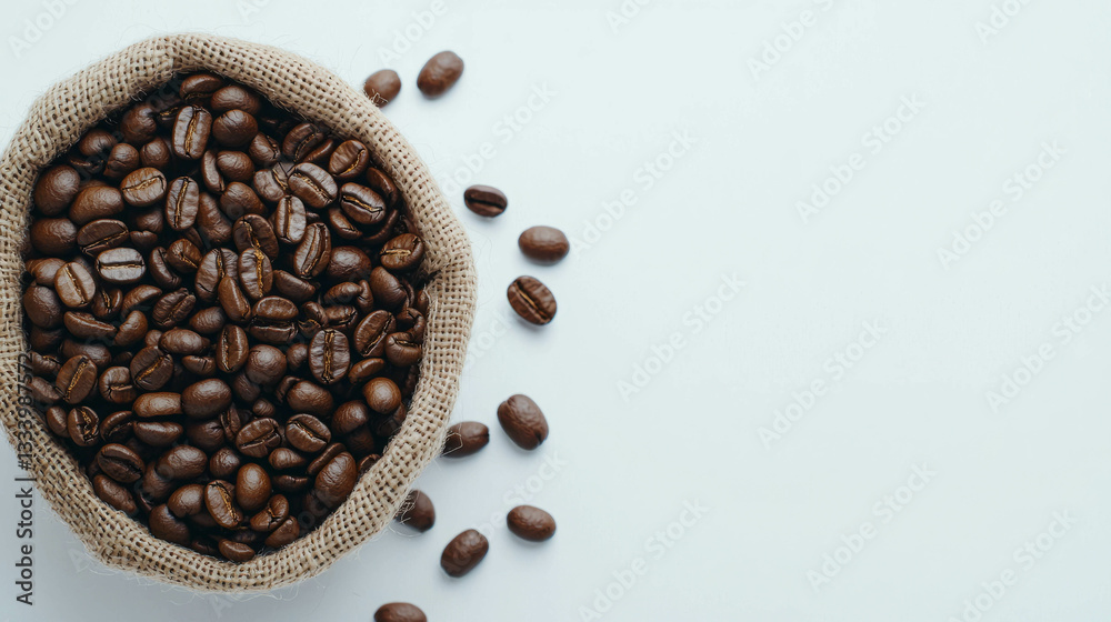 Aromatic coffee beans in burlap sack on white background for cafeteria decor Aromatic coffee beans in burlap sack on white background for cafeteria decor