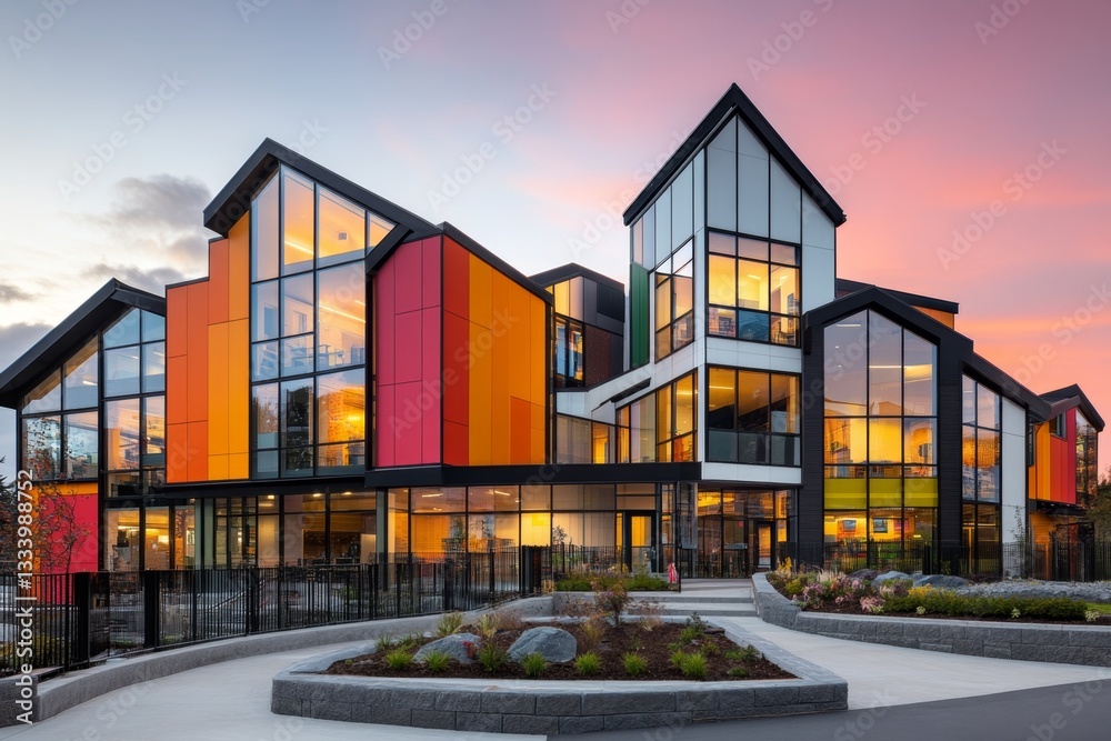 A modern educational facility with bright, angular architecture, large glass panels, and colorful accents on the exterior A modern educational facility with bright, angular architecture, large glass panels, and colorful accents on the exterior