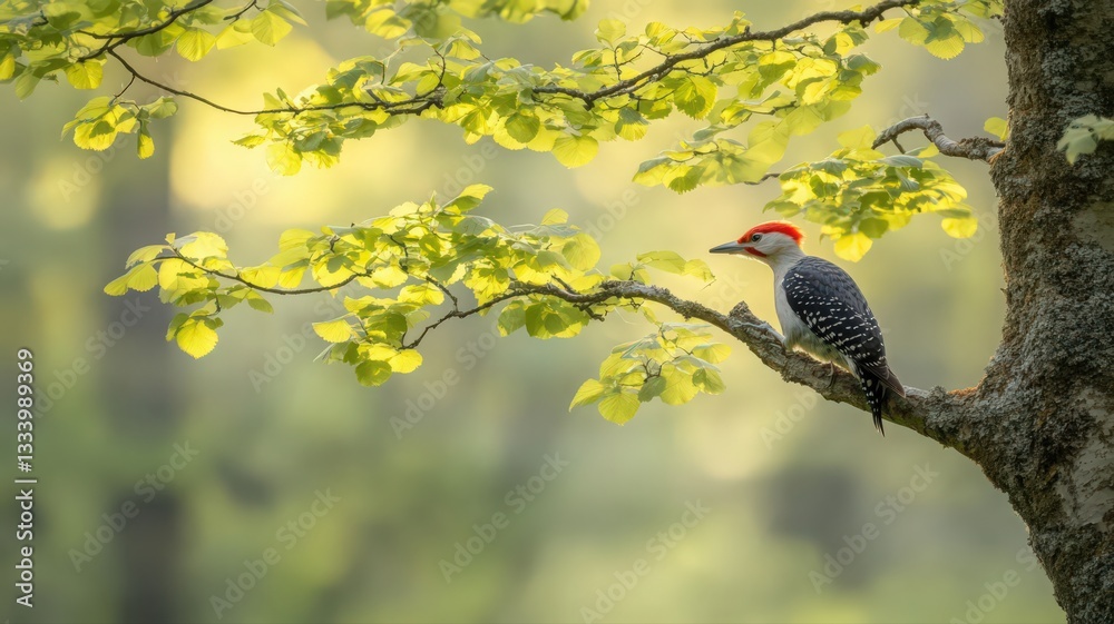 Fototapeta premium Red Headed Woodpecker on Tree Branch in Sunlight