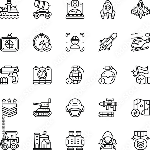 Military black line icons set. Vector Illustration. Set of Military icons in line style