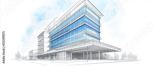 Technical illustration of a modern hospital with a vertical design, rising into the sky with large windows and blue-tinted glass