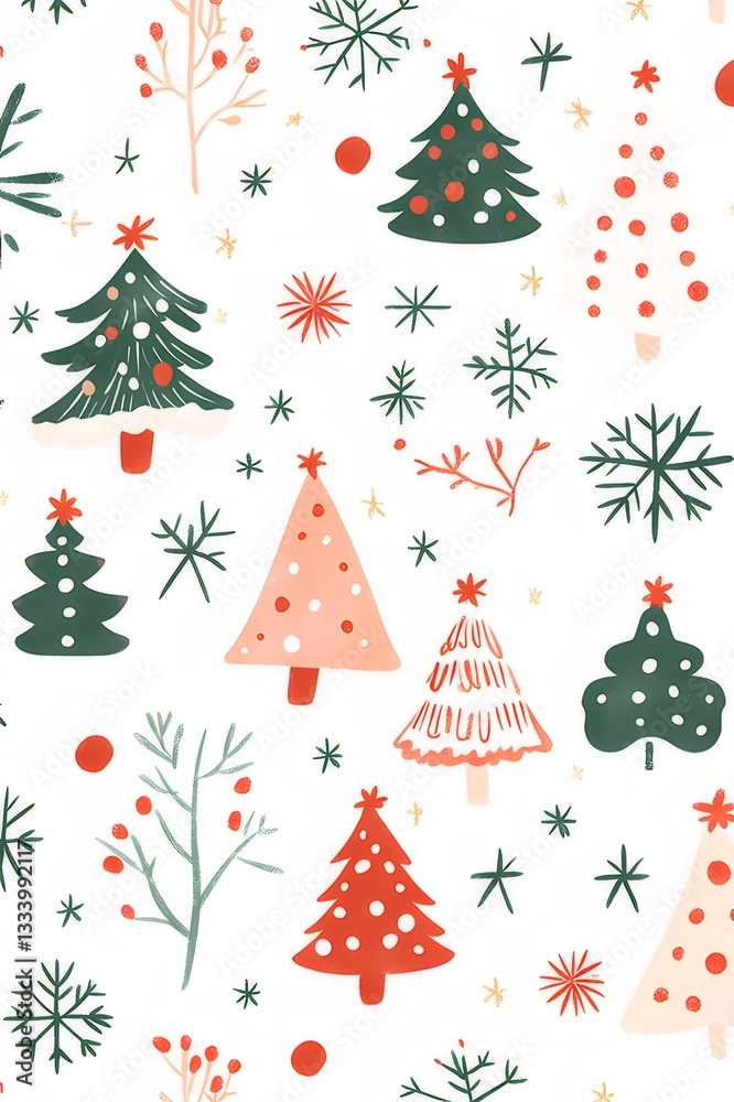 Pastel Christmas Tree Pattern with Snowflakes Pastel Christmas Tree Pattern with Snowflakes