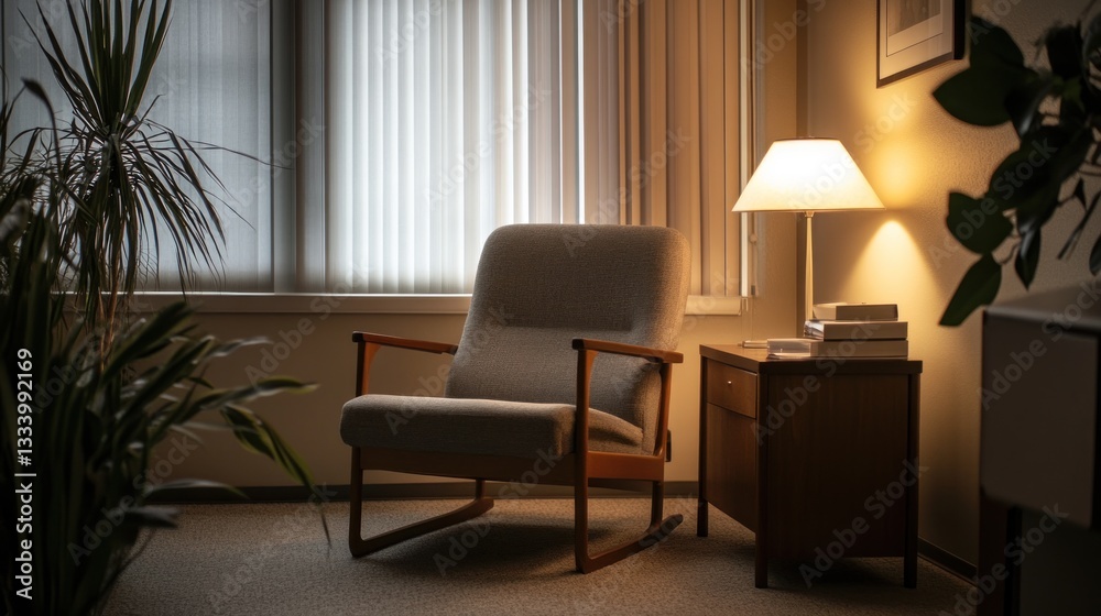 Fototapeta premium Inviting therapist's office featuring a comfortable chair and warm lighting setting
