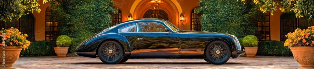 Fototapeta premium Vintage Car with Elegant Lines in Front of a Luxurious Mansion. Generative AI