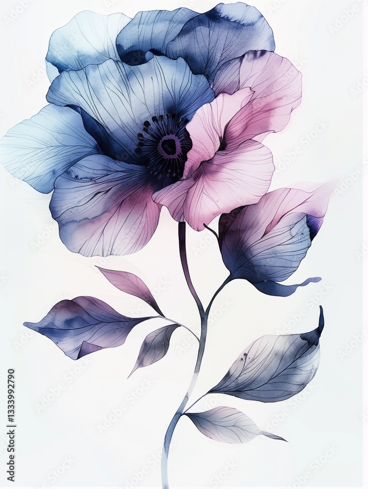 Delicate watercolor flower drawn with fine ink lines and colored with deep blue and purple shades, isolated on a white paper background